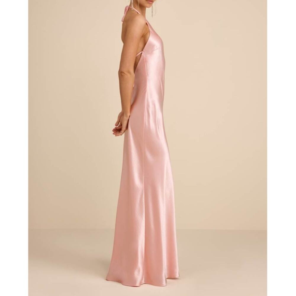 NEW Lulus Magnificence Blush Pink Glossy Satin Backless Halter Maxi Dress Large